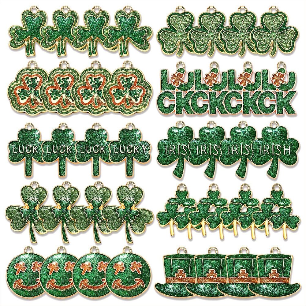 3036 40PCS St. Patrick's Day Shamrock Charms for Jewelry Making Assorted